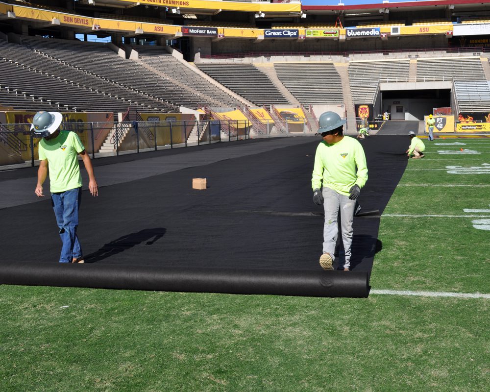 Blount Crew Rolling Out Black Tarp at the Sun Devil Stadium Renovation